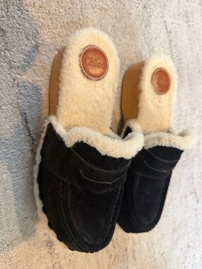 Chloe Black Suede Shearling-Trim Clog Mules